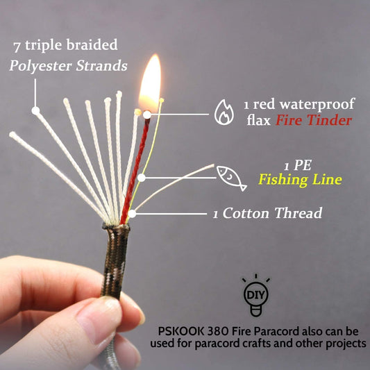 Utility paracord coil showing the seven inner strands, 25 and 100 ft
