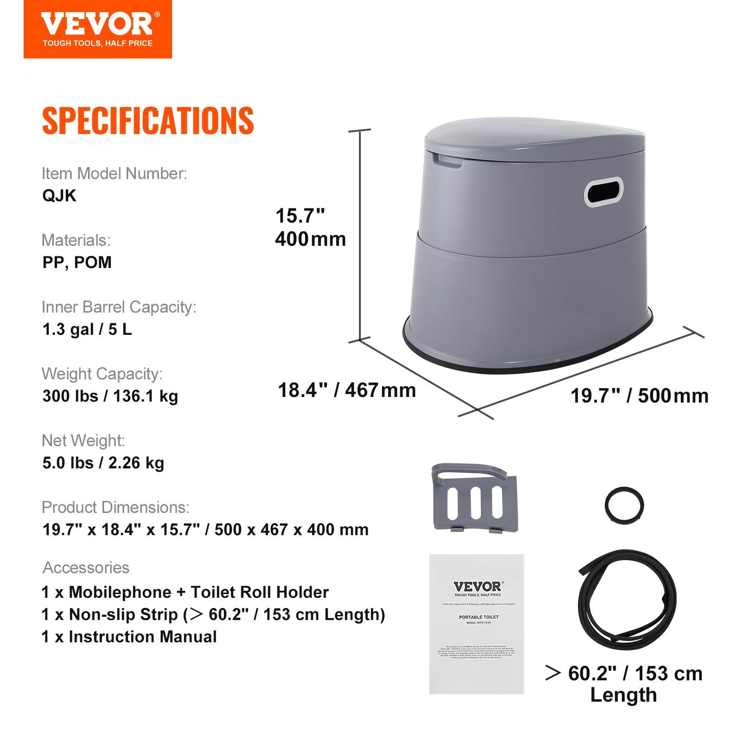 VEVOR Portable Toilet for Camping, Porta Potty with 1.3 Gal Detachable Inner Bucket & Removable Paper Holder, Commode with Dual Lids, Travel Toilet for Adults Kids Outdoor Camping Car Long Road Trips