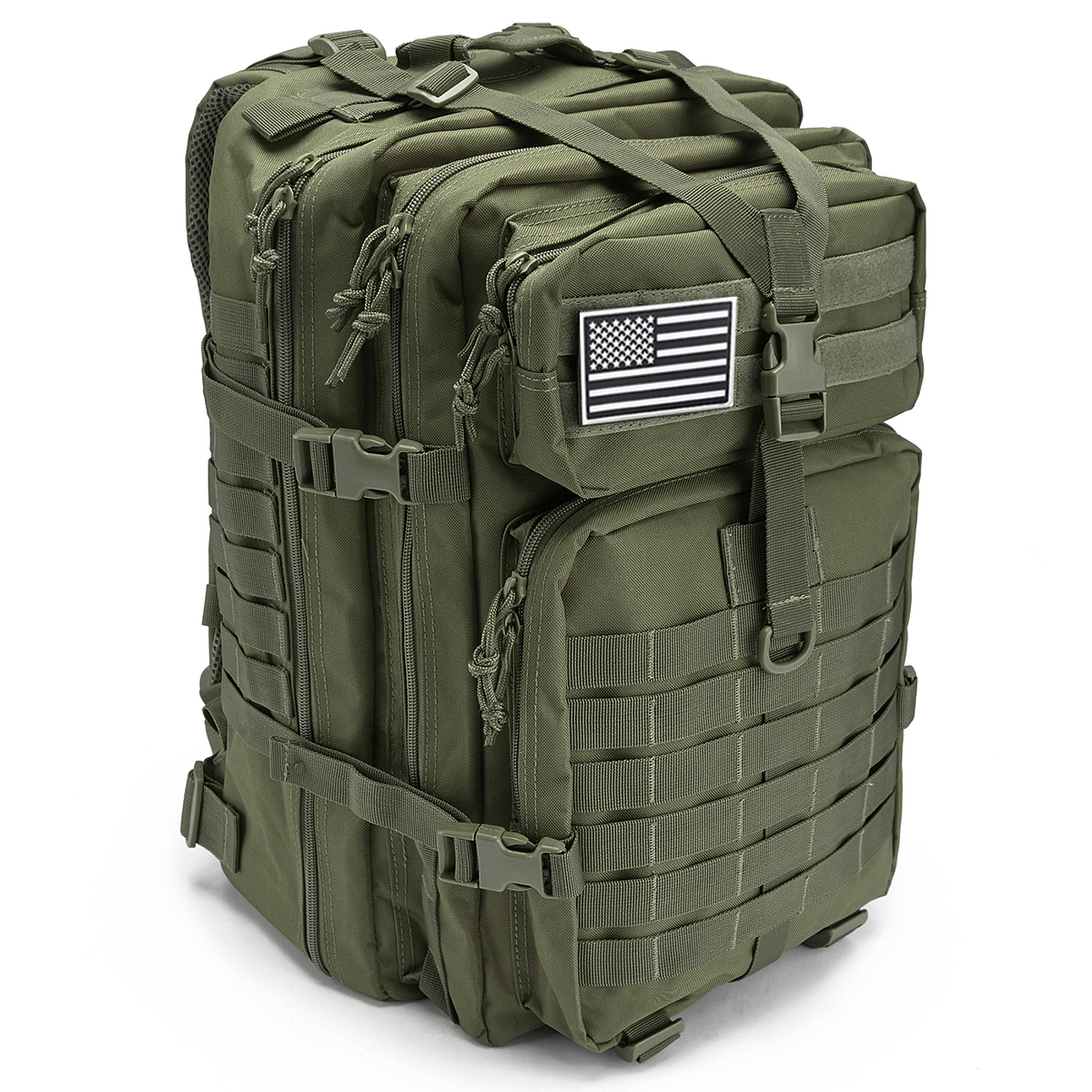 Tactical hiking backpack opened flat showing laptop sleeve and compartments