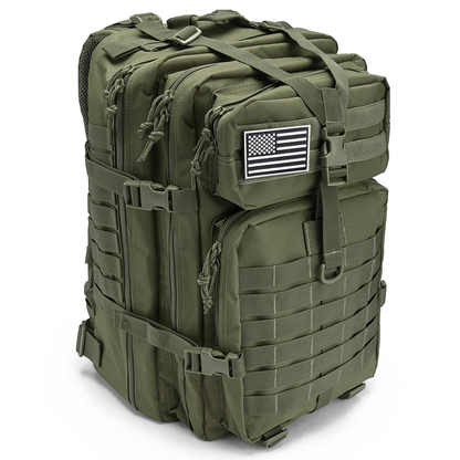 Tactical hiking backpack opened flat showing laptop sleeve and compartments