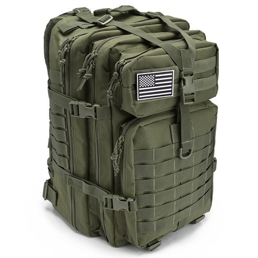 Tactical hiking backpack opened flat showing laptop sleeve and compartments