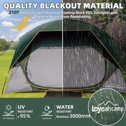 Tent feature details - waterproof fabric and easy setup design