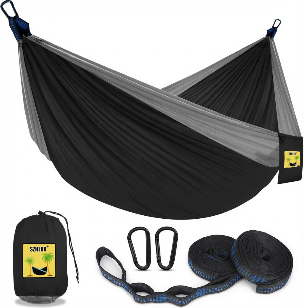 CampOnGo double camping hammock in parachute nylon strung between two trees