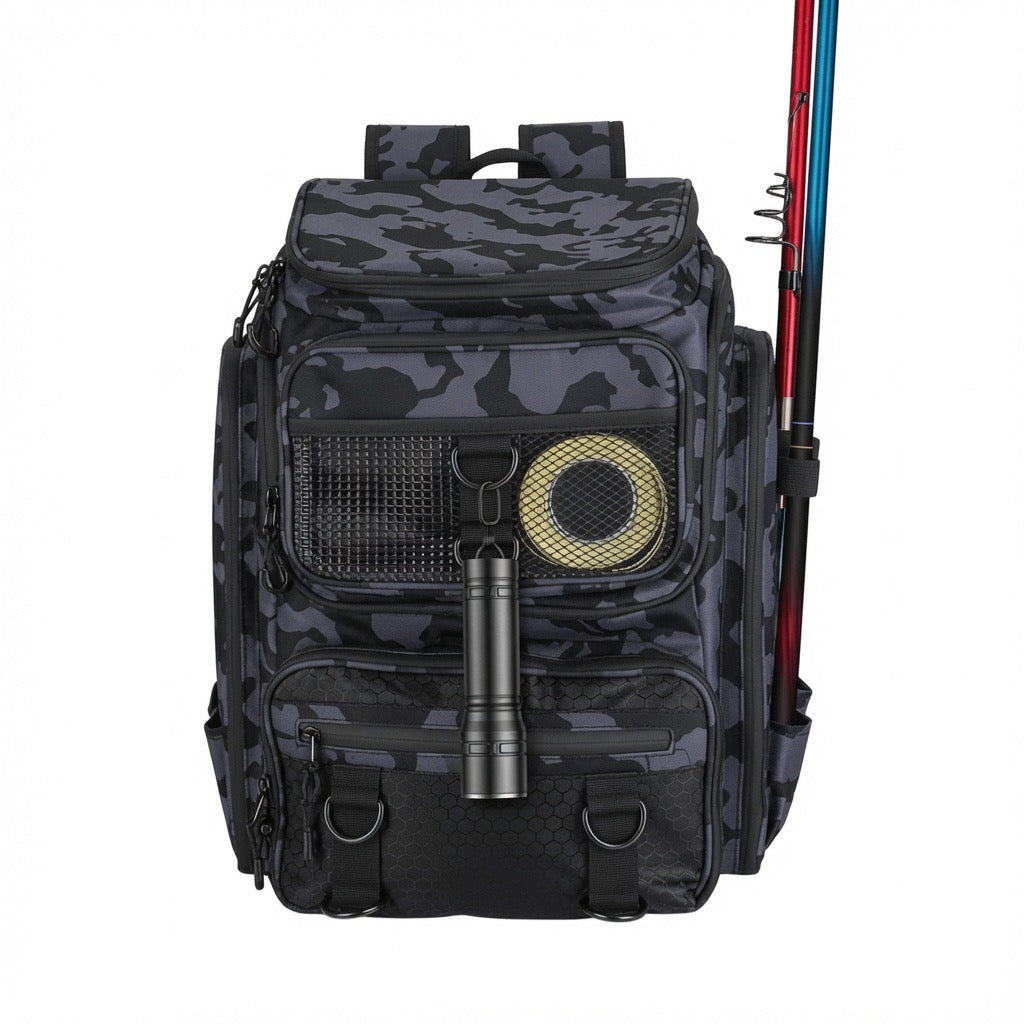 42L fishing tackle backpack with external rod holders and 16 pockets