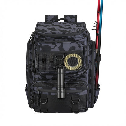 42L fishing tackle backpack with external rod holders and 16 pockets