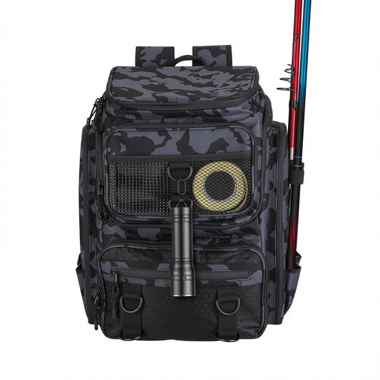 42L fishing tackle backpack with external rod holders and 16 pockets