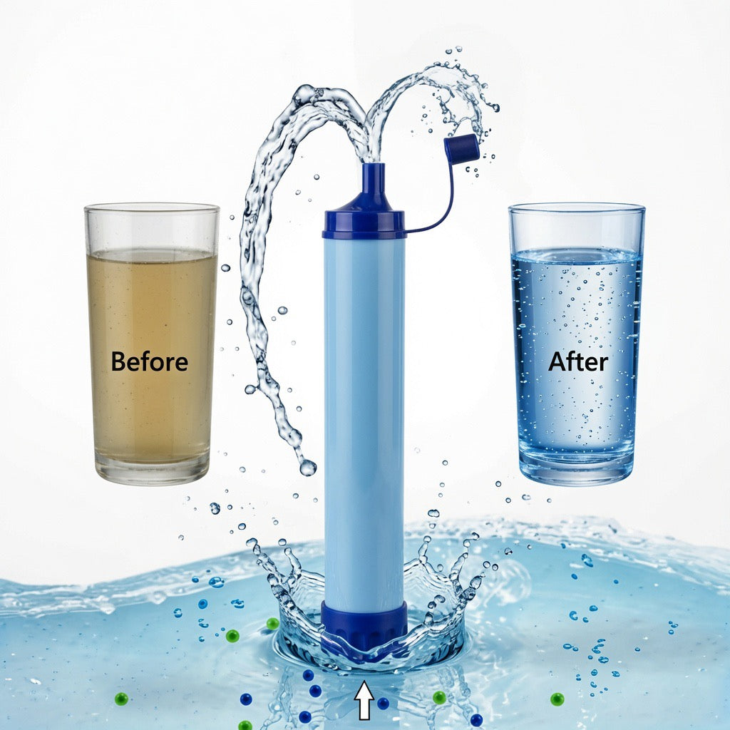 Pocket-size camping water filter straw with no pumping or batteries