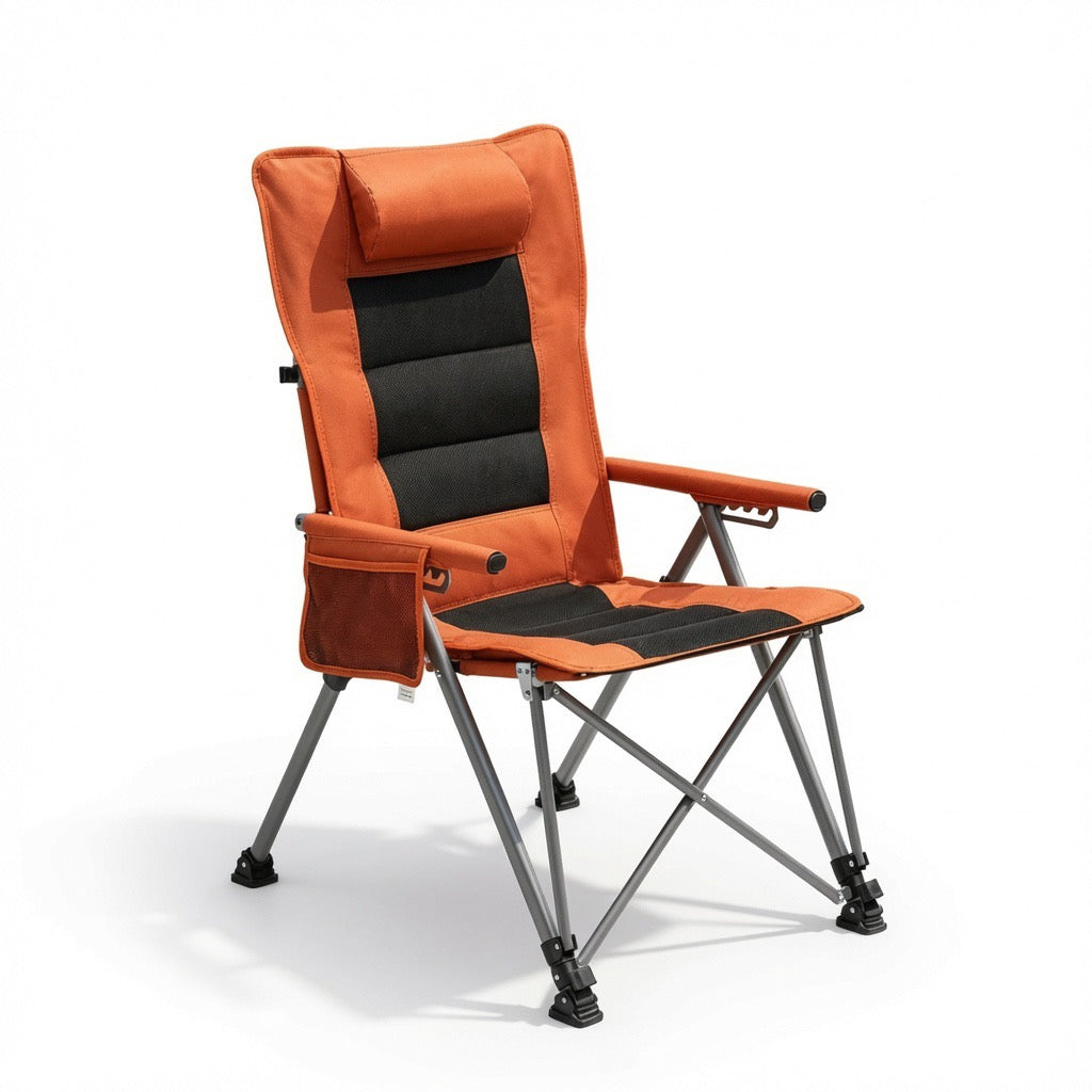 5-position reclining camp chair in orange with side pocket