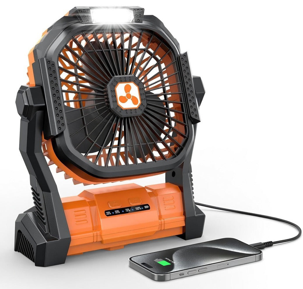 CampOnGo 2-in-1 camping fan with LED lantern hanging from a tent ceiling