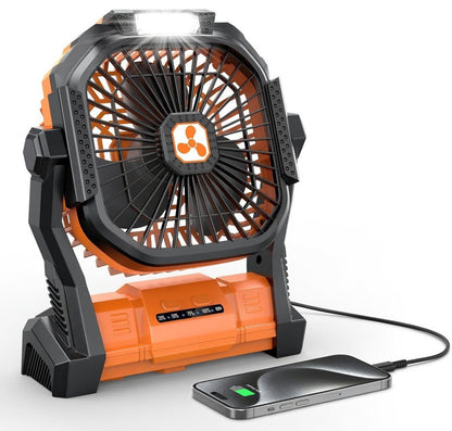 CampOnGo 2-in-1 camping fan with LED lantern hanging from a tent ceiling