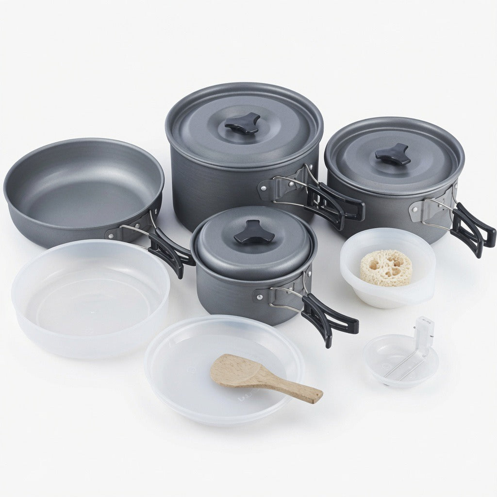 Compact camp cook set for 1 to 3 people with nesting pots and pan