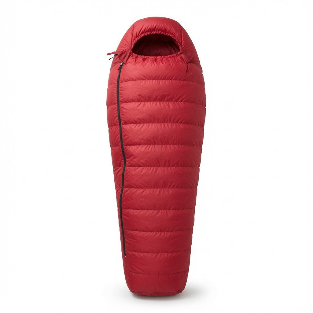 Ultralight winter sleeping bag with draft-blocking hood for cold-weather camping