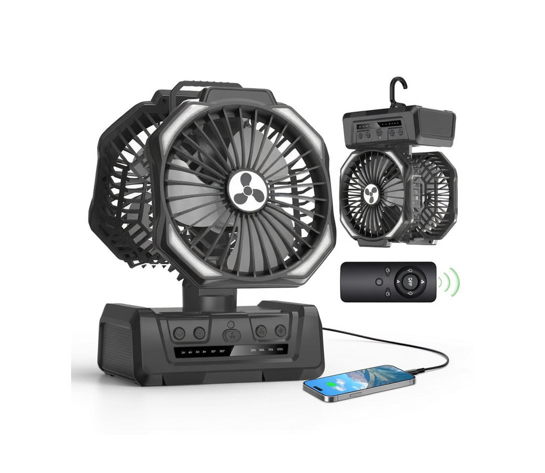 2-in-1 Camping Fan with LED Lantern — Rechargeable Tent Fan, 30-Hour Battery
