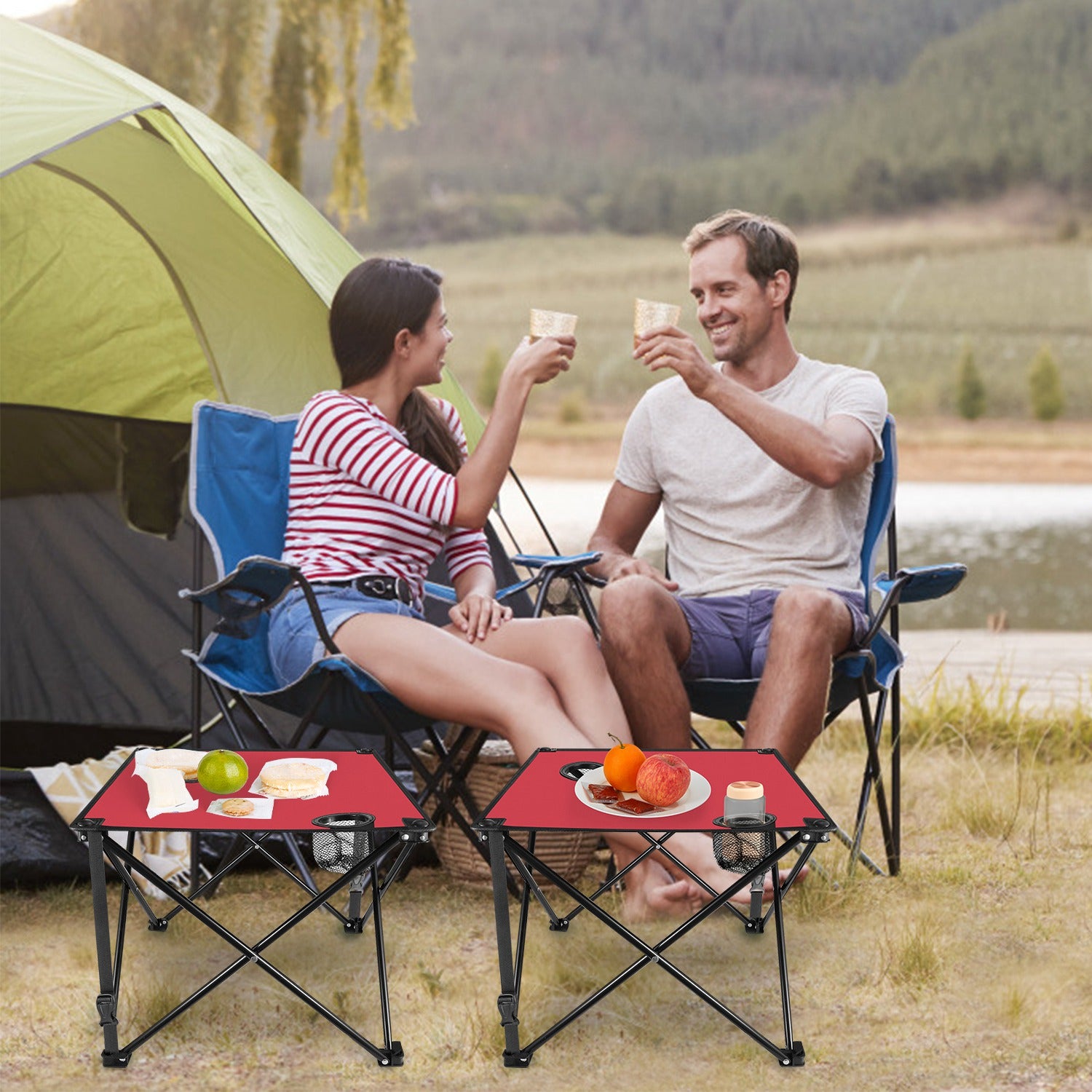 1Pc 2Pc Options Foldable Camping Table Portable Picnic Table Lightweight Travel Desk with 2 Cup Holders Carrying Bag Color Options Black Orange Green Red Blue Navy Blue
