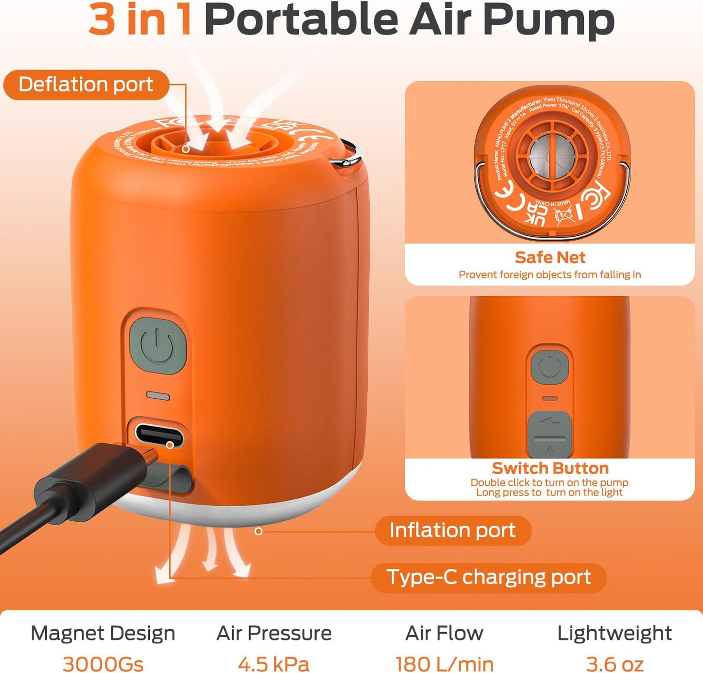 Mini Air Pump: 1600Mah Rechargeable Air Pump for Inflatables with Hook and Light Function, Air Mattress Pump for Pool Floats, Sleeping Pads, Swimming Ring, Vacuum Storage Bags, 3.6Oz