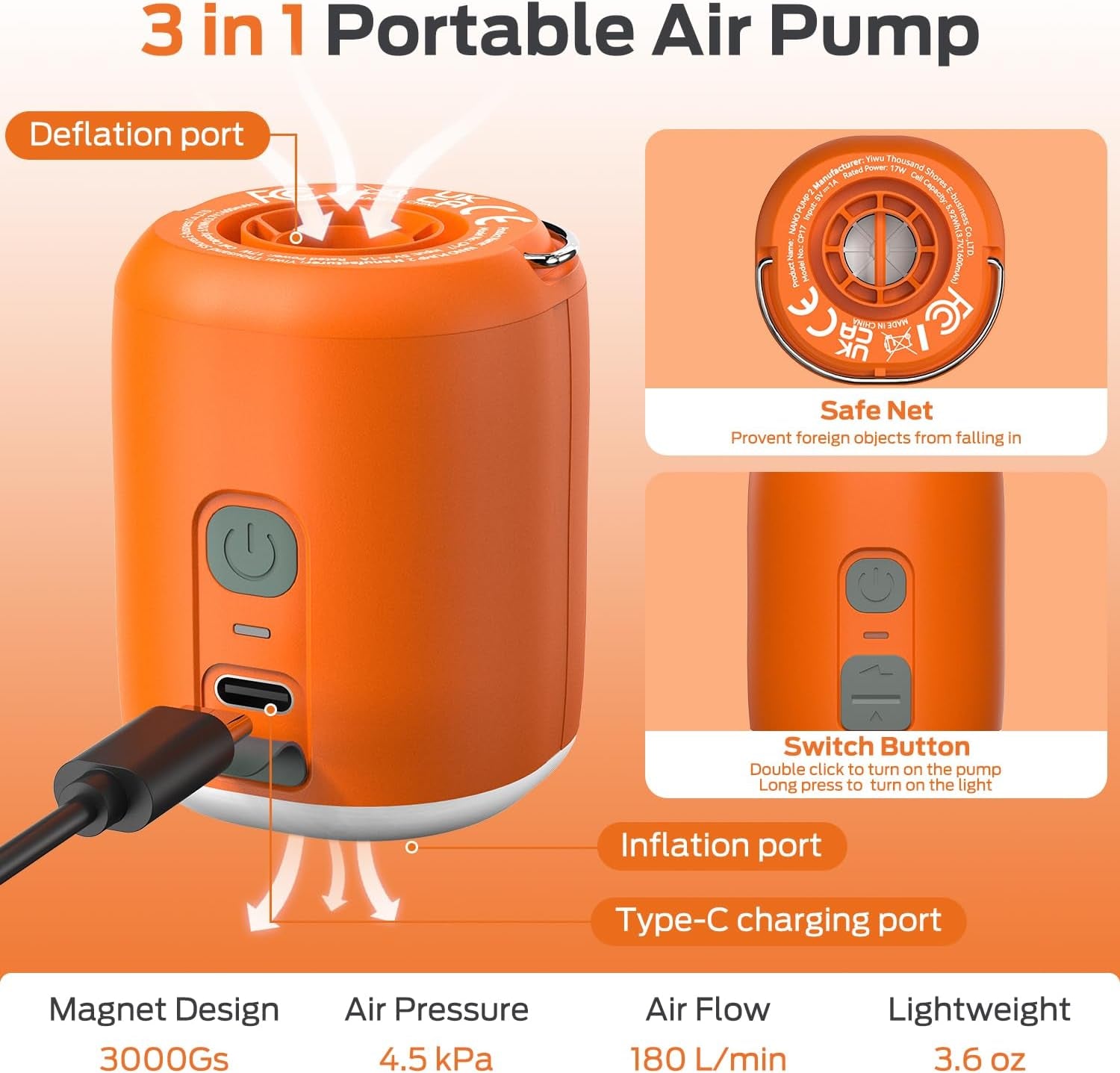 Mini Air Pump: 1600Mah Rechargeable Air Pump for Inflatables with Hook and Light Function, Air Mattress Pump for Pool Floats, Sleeping Pads, Swimming Ring, Vacuum Storage Bags, 3.6Oz