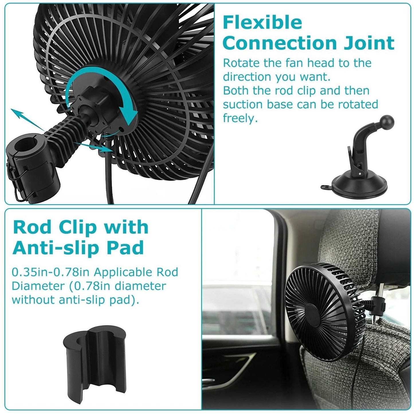 1Pc Car Cooling Fan Portable Rotatable USB Vehicle Fan Backseat Clip Fan Dashboard Window Suction Fan for SUV RV Pickup with 3 Speeds