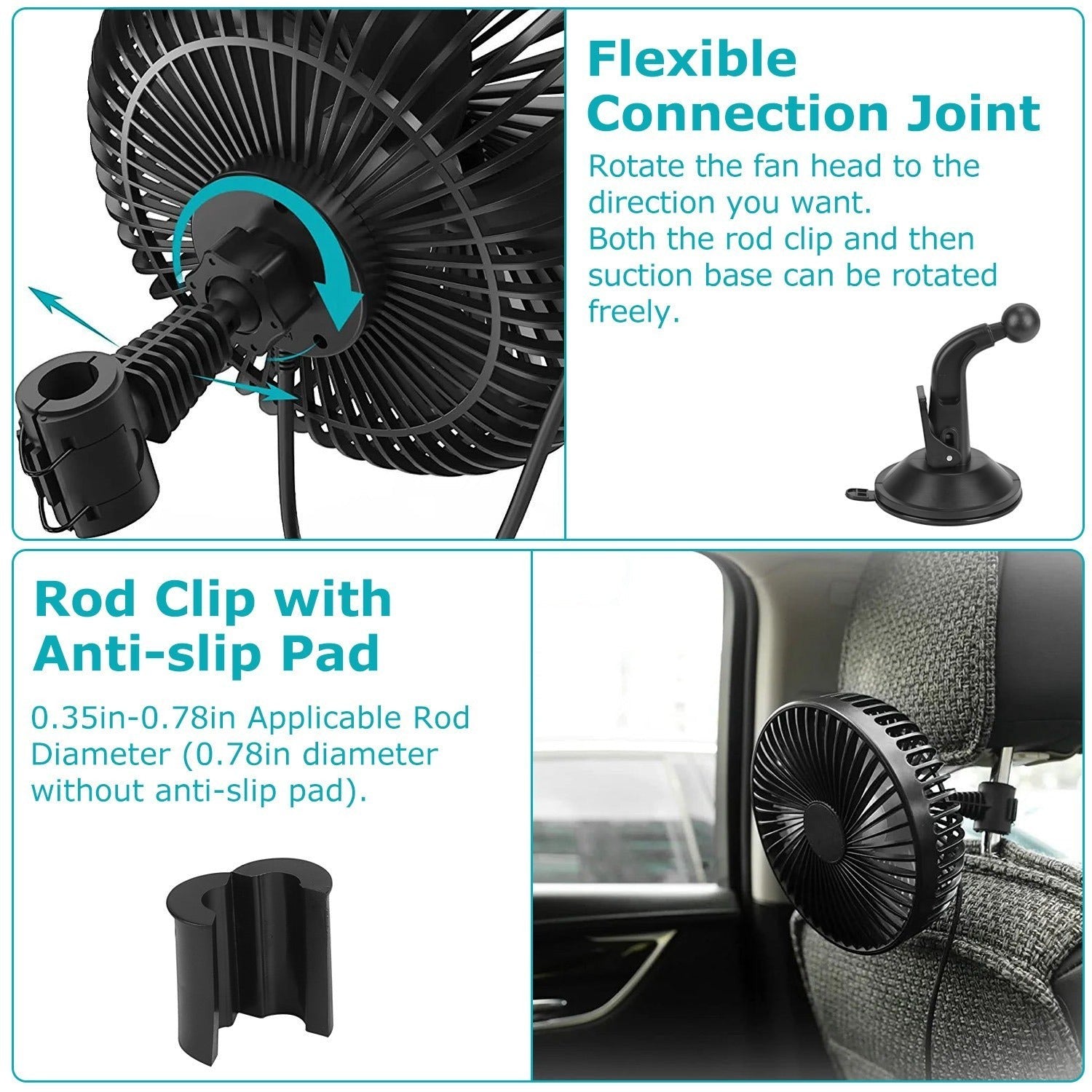 1Pc Car Cooling Fan Portable Rotatable USB Vehicle Fan Backseat Clip Fan Dashboard Window Suction Fan for SUV RV Pickup with 3 Speeds