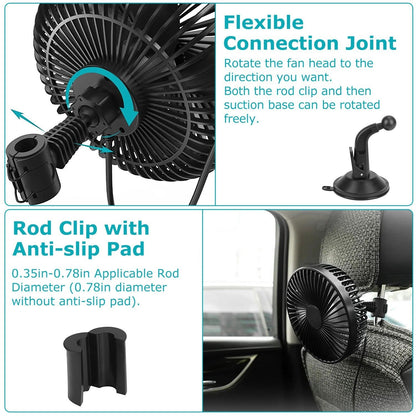 1Pc Car Cooling Fan Portable Rotatable USB Vehicle Fan Backseat Clip Fan Dashboard Window Suction Fan for SUV RV Pickup with 3 Speeds