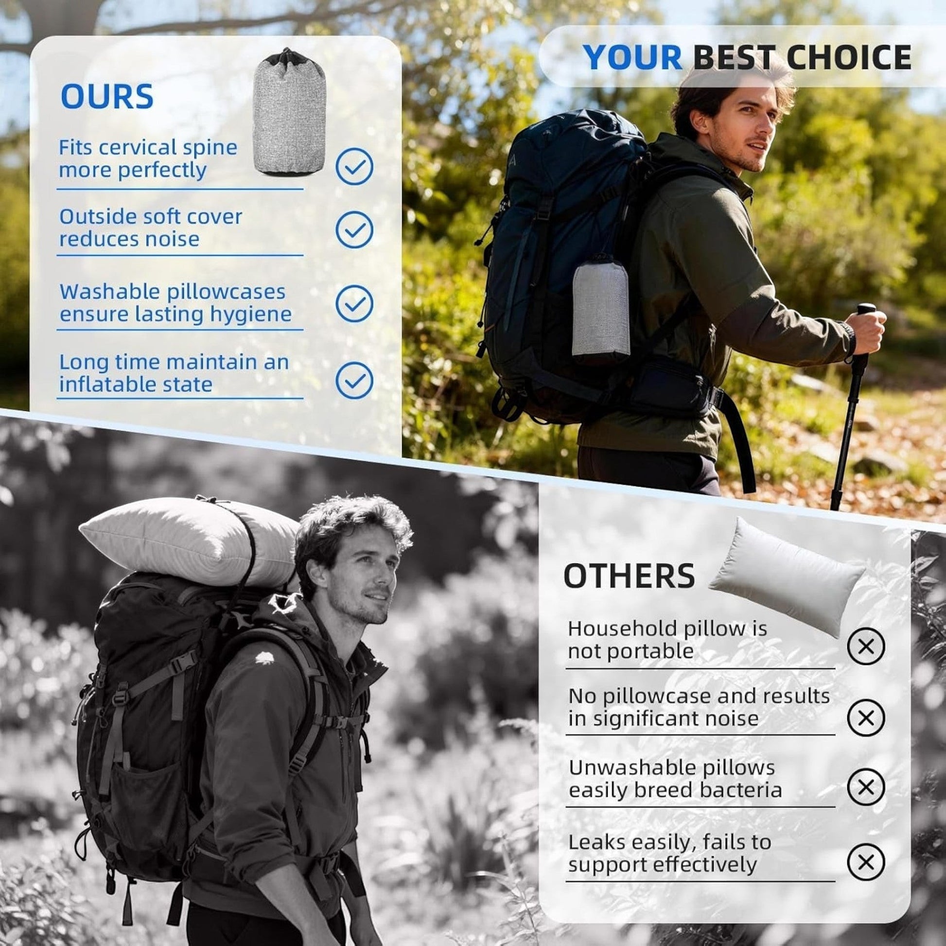 Inflatable Camping Pillow, Ultralight Travel Air Pillow, Black | Reinforced TPU Bladder with Washable Quiet Cover for Neck and Lumbar Support on Camping, Backpacking, Hiking and Travel.