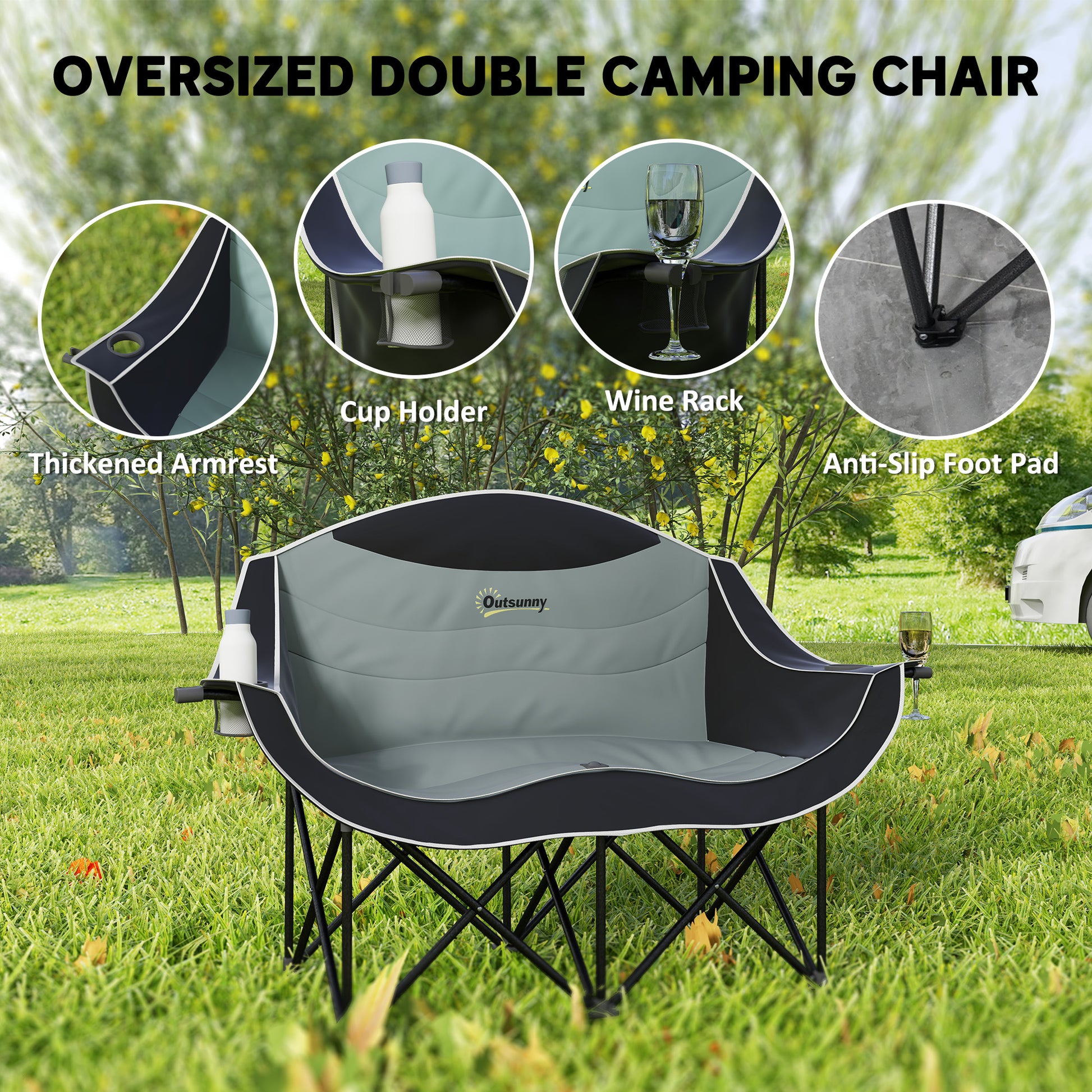 Padded Folding Camp Chair for Adults, Double Camping Chair with Armrests, Cup Holders, Carry Bag for Outdoor, Black