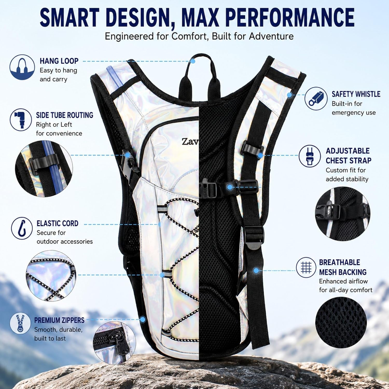 Reflective Hydration Backpack, Hydration Pack - Water Backpack with 2L Hydration Bladder, Essential for Festivals - Rave Hydration Pack for Hiking, Running, Cycling, and Festivals