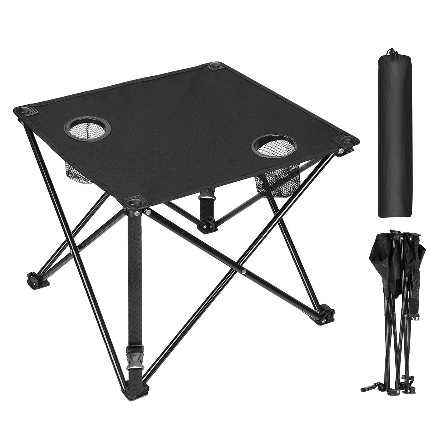 Folding camp side table with two built-in cup holders