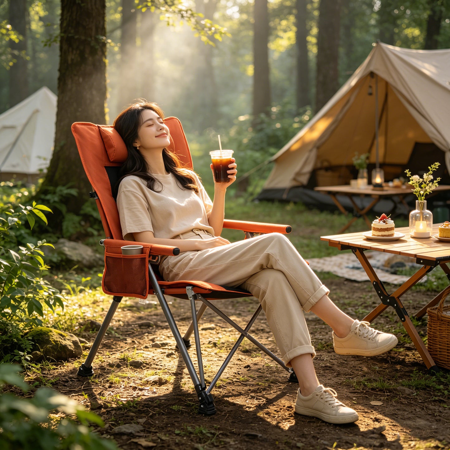 5-Position Adjustable Reclining Camping Chair, Side Pocket & Carry Bag, Heavy Duty , Portable Outdoor Chair for Beach, Camping, Patio, Orange
