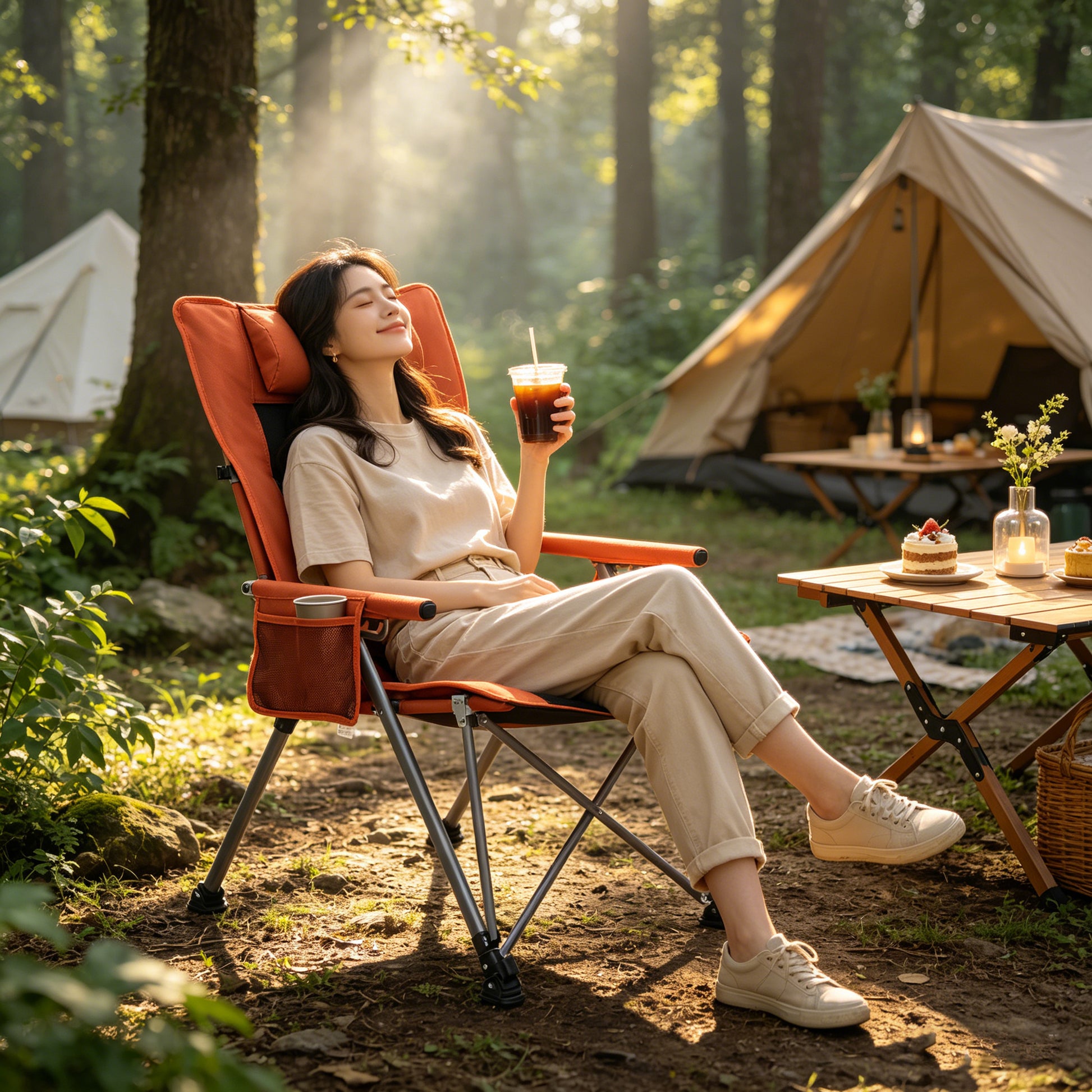 5-Position Adjustable Reclining Camping Chair, Side Pocket & Carry Bag, Heavy Duty , Portable Outdoor Chair for Beach, Camping, Patio, Orange