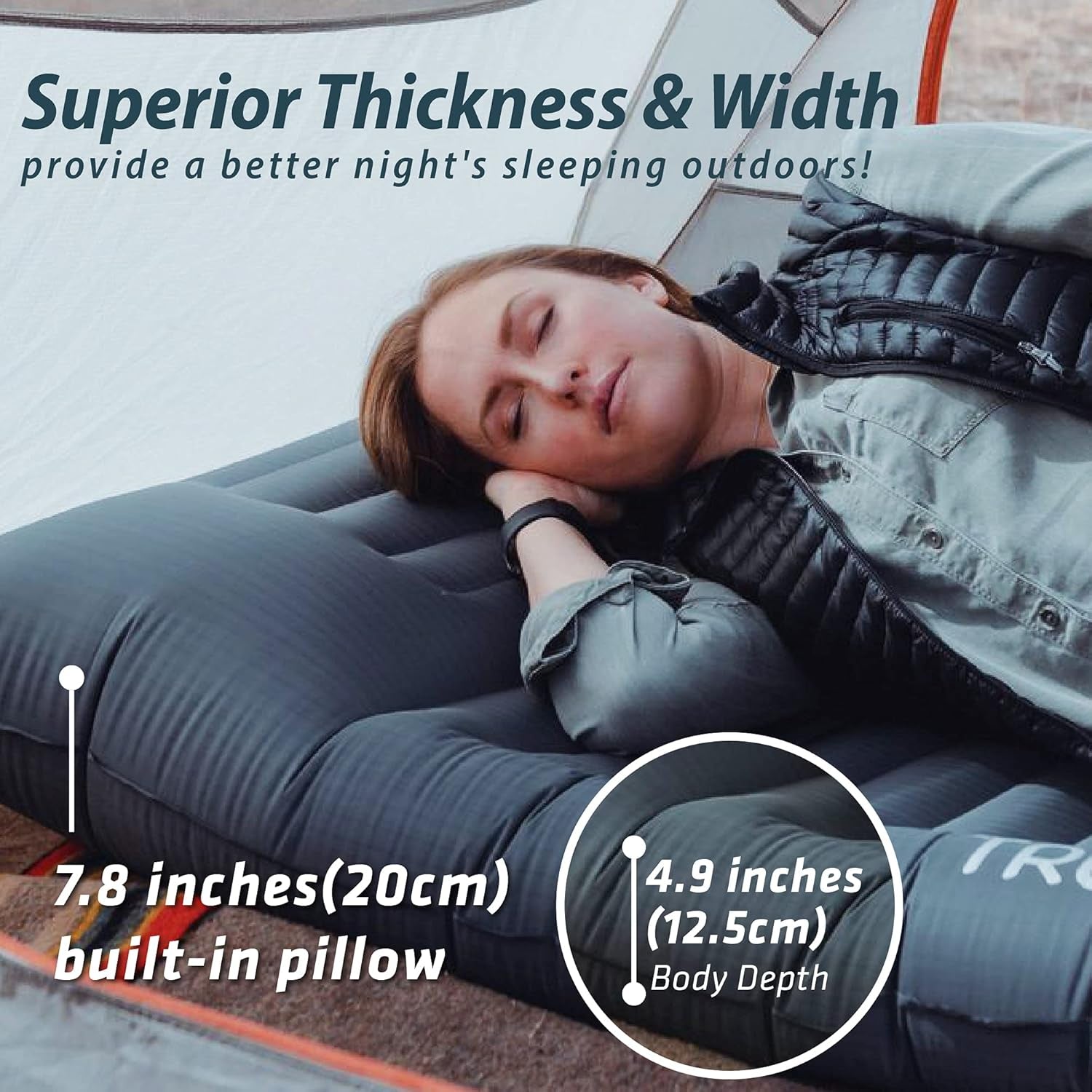 Extra-wide inflatable camping mat 4.9 inches thick with built-in pump