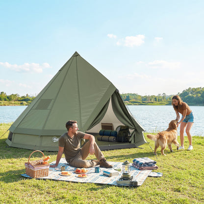 Winter camping teepee tent in army green with reinforced flue port