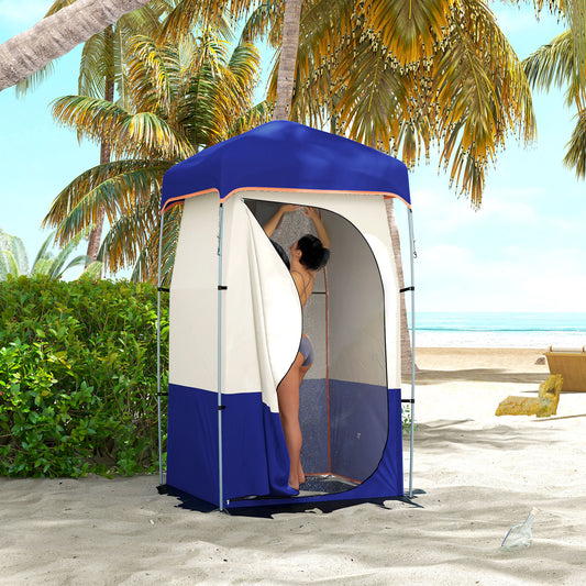 Full-height privacy shelter for camp showering and changing, blue