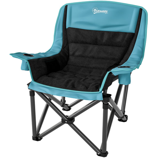 Folding camp chair with cup holder and side storage pockets