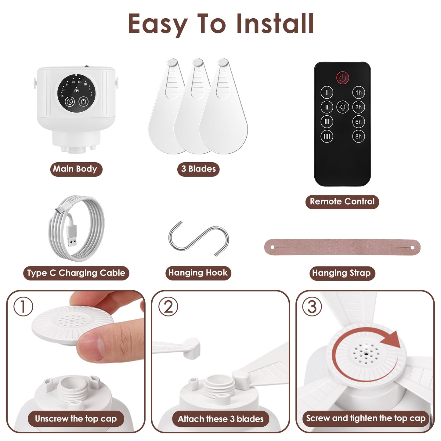 1Pc Tent Ceiling Fan with Light 7200Mah Rechargeable Battery Operated Hanging Canopy Fan with Remote Control 4 Wind Speeds 3 Brightness Standard Type
