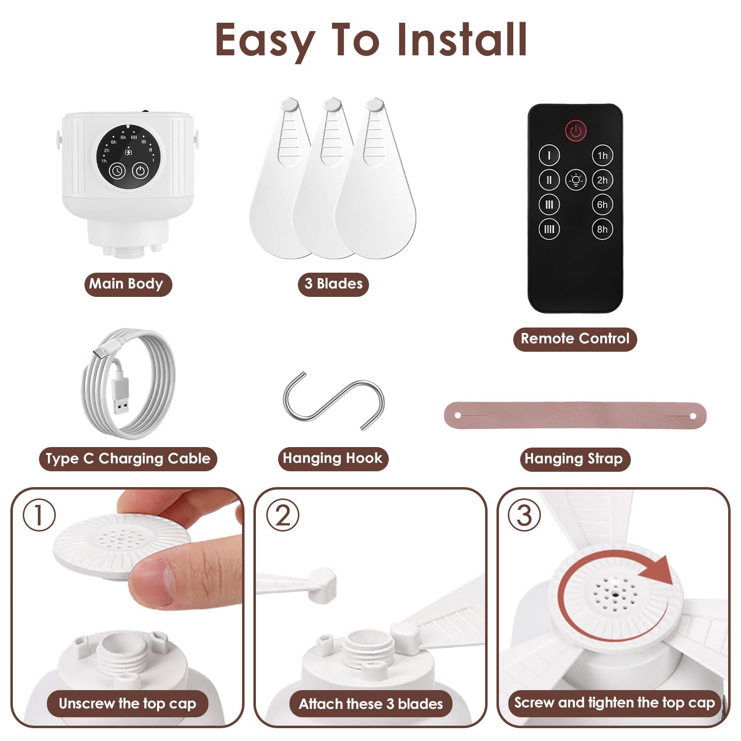 1Pc Tent Ceiling Fan with Light 7200Mah Rechargeable Battery Operated Hanging Canopy Fan with Remote Control 4 Wind Speeds 3 Brightness Standard Type
