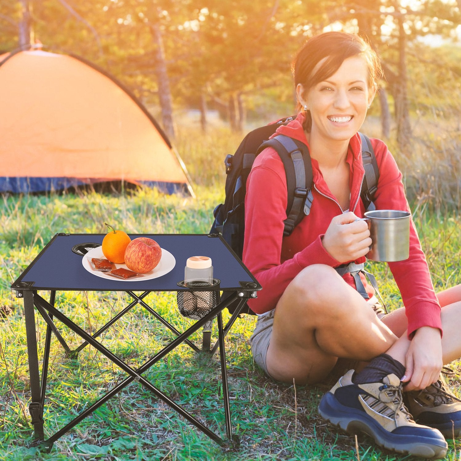 1Pc 2Pc Options Foldable Camping Table Portable Picnic Table Lightweight Travel Desk with 2 Cup Holders Carrying Bag Color Options Black Orange Green Red Blue Navy Blue