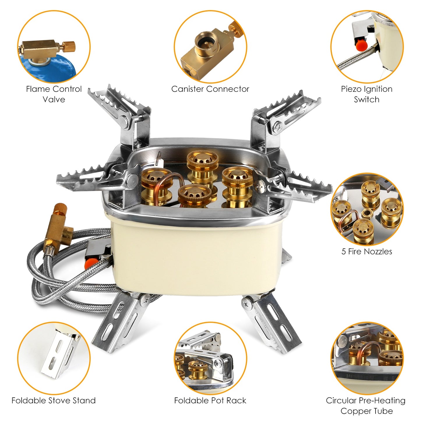 13000W Portable Windproof Camping Stove Five-Head Gas Cooking Burner with Piezo Ignition Stepless Flame Control Fit for Iso-Butane, Propane, Butane Fuel Tank for Backpacking Picnic Outdoor Cooking