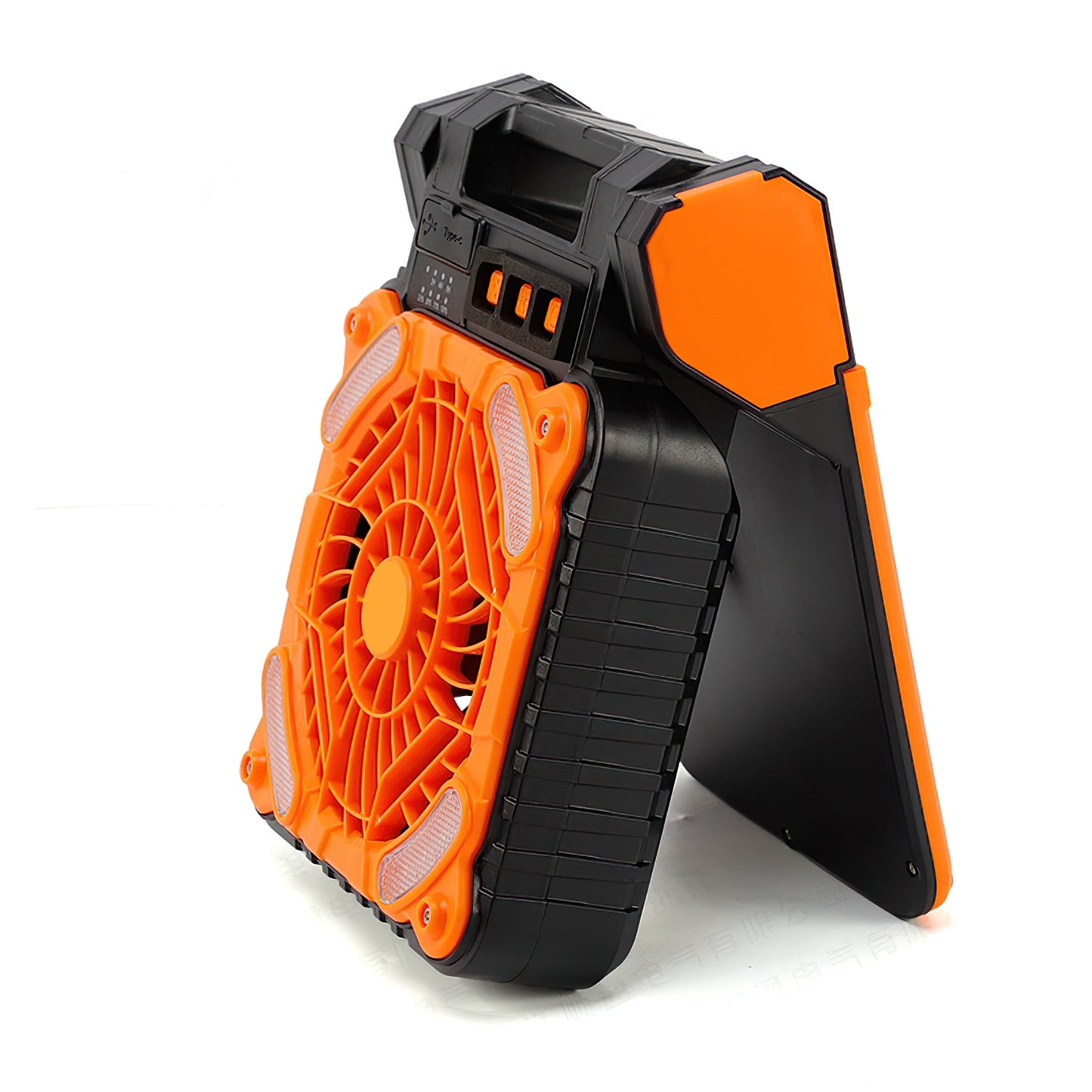Rechargeable camp fan and lantern charging a phone from its power bank