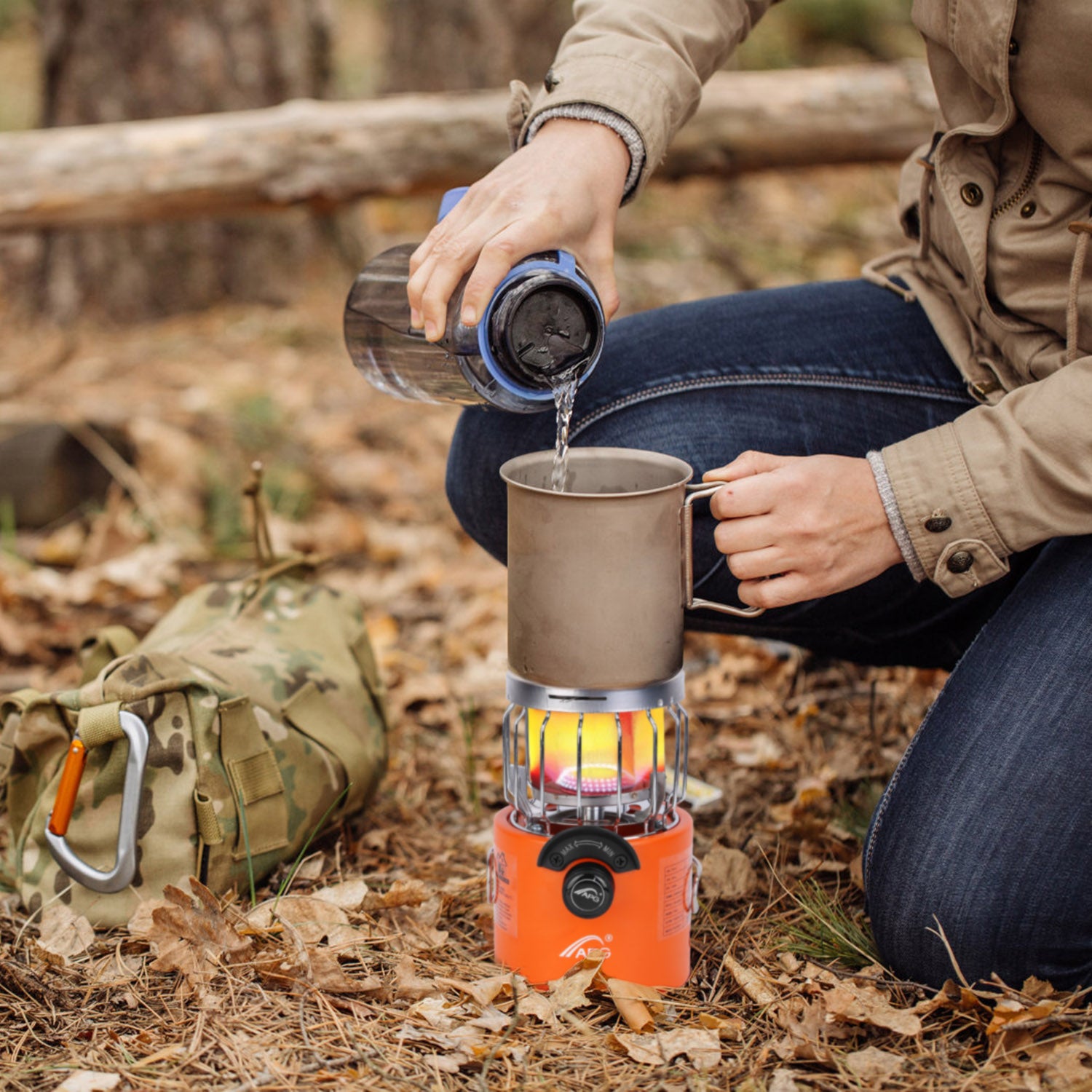 Compact canister camp stove running in radiant heating mode