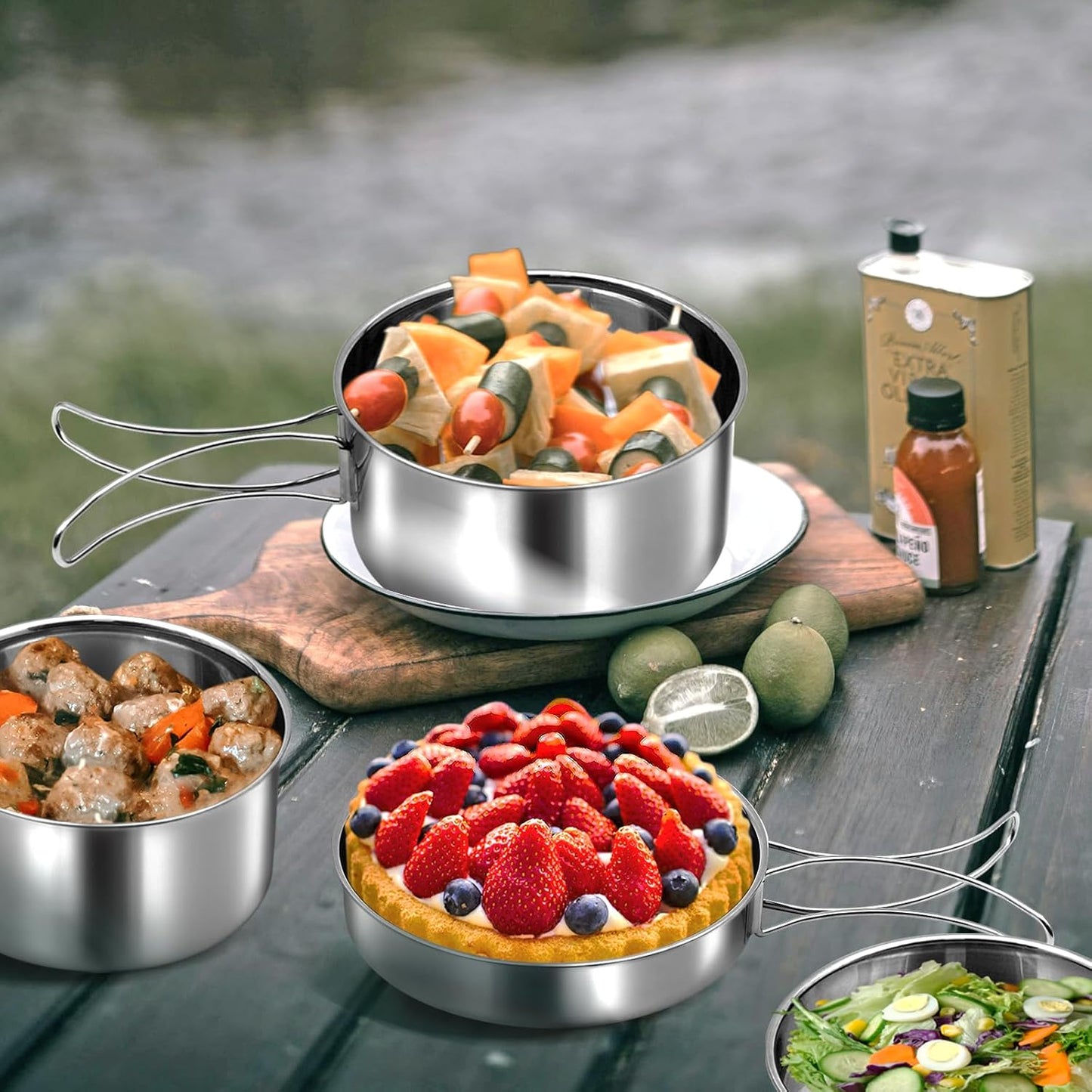 18/8 Stainless Steel Camping Cook Pot Set of 4 Pcs, Camping Messware Kit, Camping Cooking Set, Backpacking Camping Cookware, Picnic Camping Cooking Mess Kit