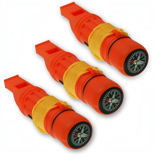Three CAMPONGO™ 5-in-1 orange survival whistles with integrated compasses, lanyards, and waterproof storage capsules.