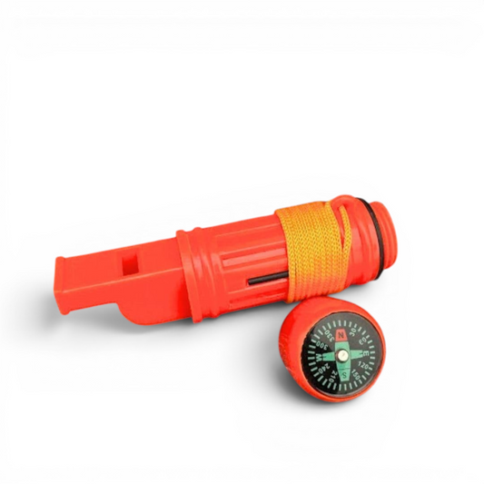 CAMPONGO™ 5-in-1 orange survival whistle with integrated compass, signal mirror, ferro rod, and waterproof capsule.