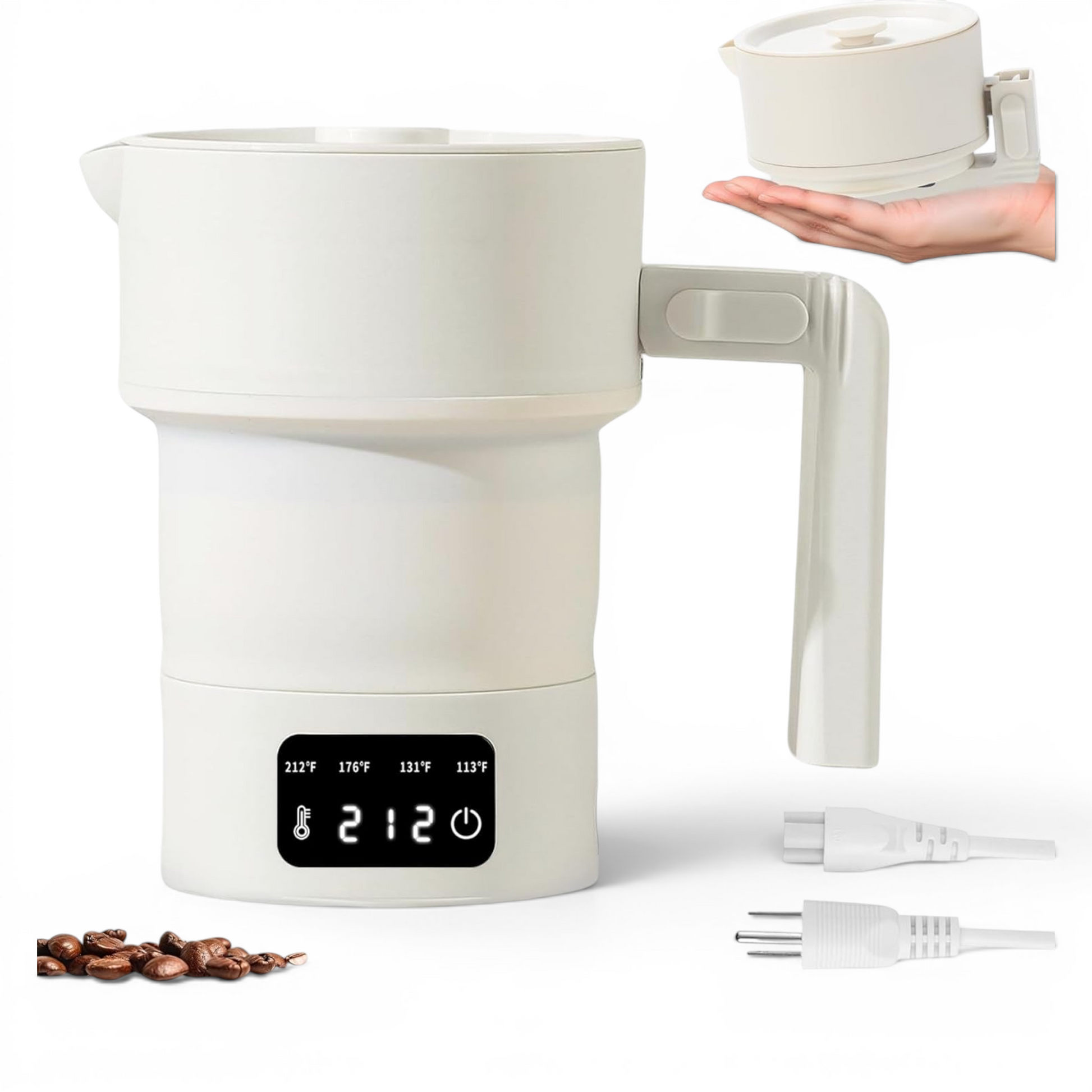 CAMPONGO™ white foldable electric travel kettle with digital temperature display, shown expanded and collapsed.