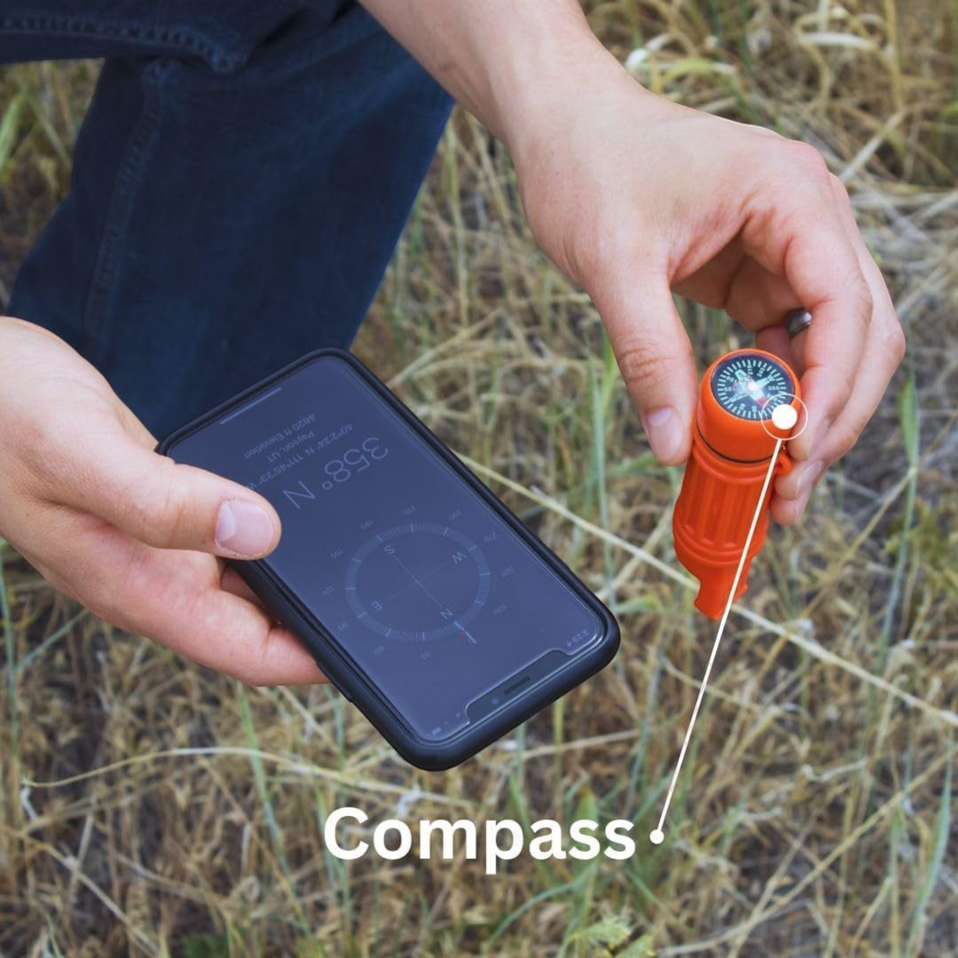 CAMPONGO™ 5-in-1 survival whistle with compass held in hand outdoors for navigation