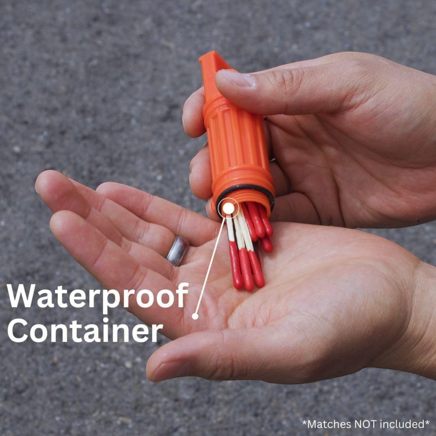 CAMPONGO™ 5-in-1 survival whistle with orange waterproof capsule open in hand showing storage for matches