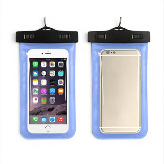 CAMPONGO™ waterproof floating phone pouches in blue with clear TPU and black snap-lock closures for beach and pool use.
