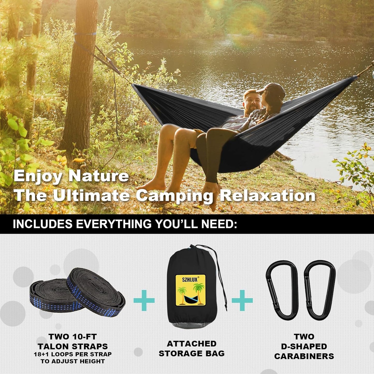 Two people relaxing in double parachute nylon hammock