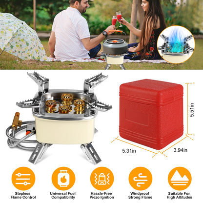Camping gas stove screwed onto a fuel canister with a pot on top