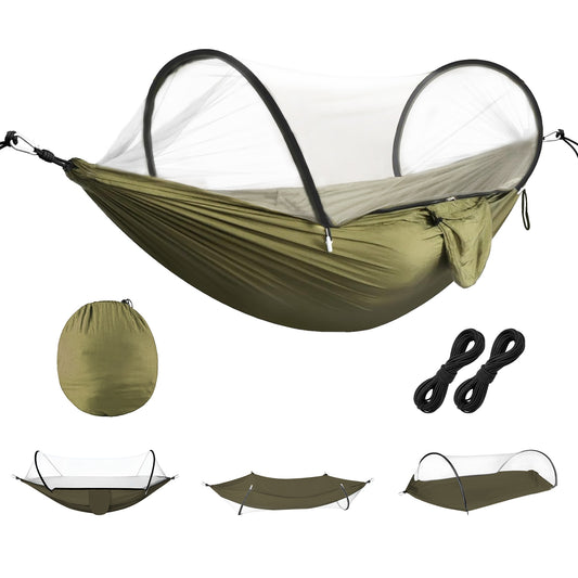 Netted camping hammock with attached storage pocket for phone and book