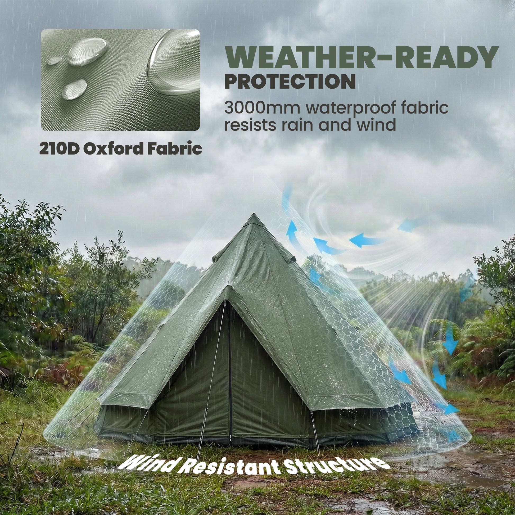 Teepee Tent Waterproof Camping Tent with Stove Jack for 4-6 People for Outdoor Camping Hiking Army Green